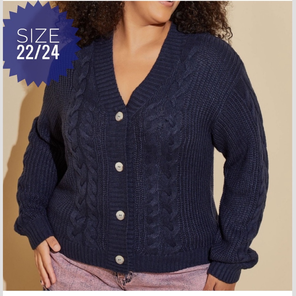Plus ASHLEY STEWART Peacoat Blue Cable Knit Button Down Cardigan Sweater 22/24